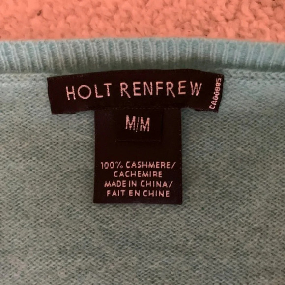 Holt Renfrew Classic Lg Sleeve V Neck 100% Cashmere Sweater Turquoise Blue Sz M - Picture 4 of 4